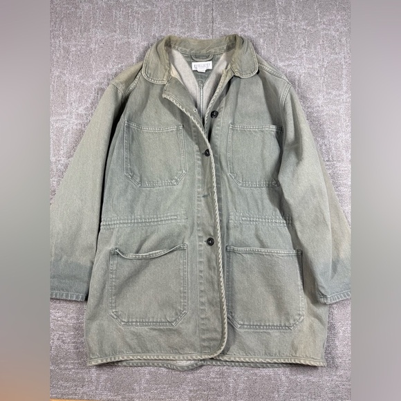Vintage Lands End Green Stone Washed Y2K Button Down Chore Jacket Womens Medium - Picture 1 of 9